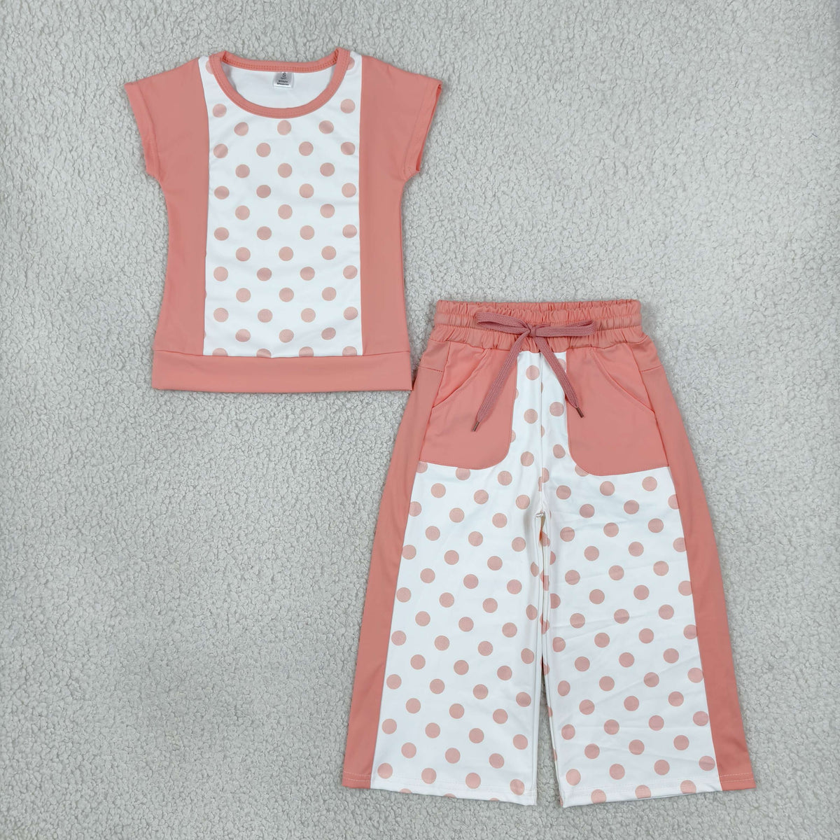 NO MOQ RTS GSPO2333-yoga Baby Girl Clothes Pink Polka Dot Color Block Print Cap Sleeve Top Wide Leg Pant Set 202610
