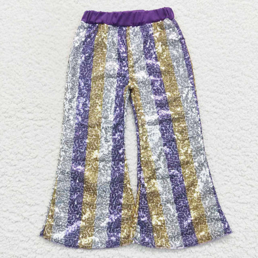 P0276 kids sequin  LSU Stripe lsu team football purple yellow white  long bell pants 20230831 RTS