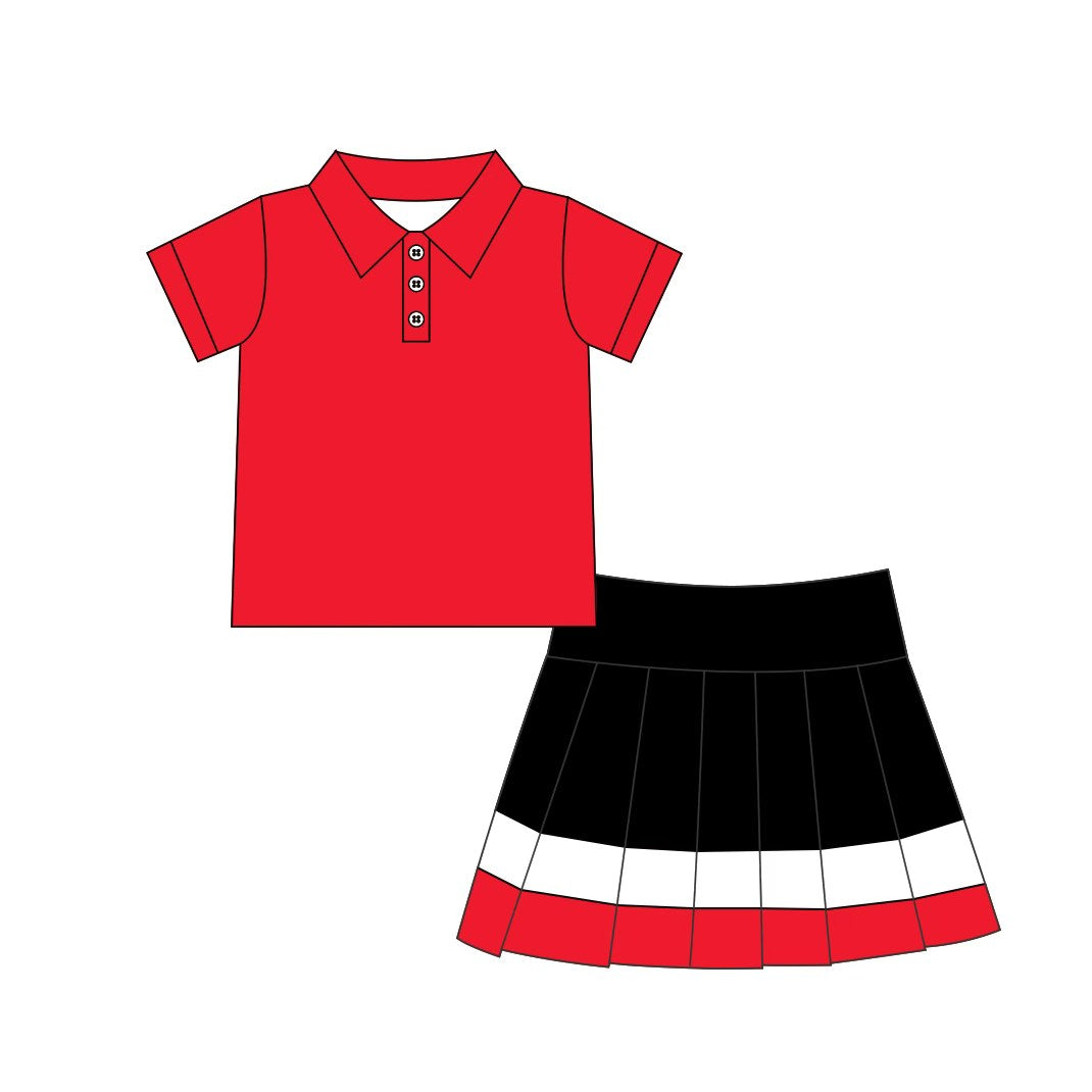 GSD4262 Red Black Skort Set  Yoga polo Little Girls Casual Preppy Matching Set red Polo Color Block Hem Tennis Skirt preorder