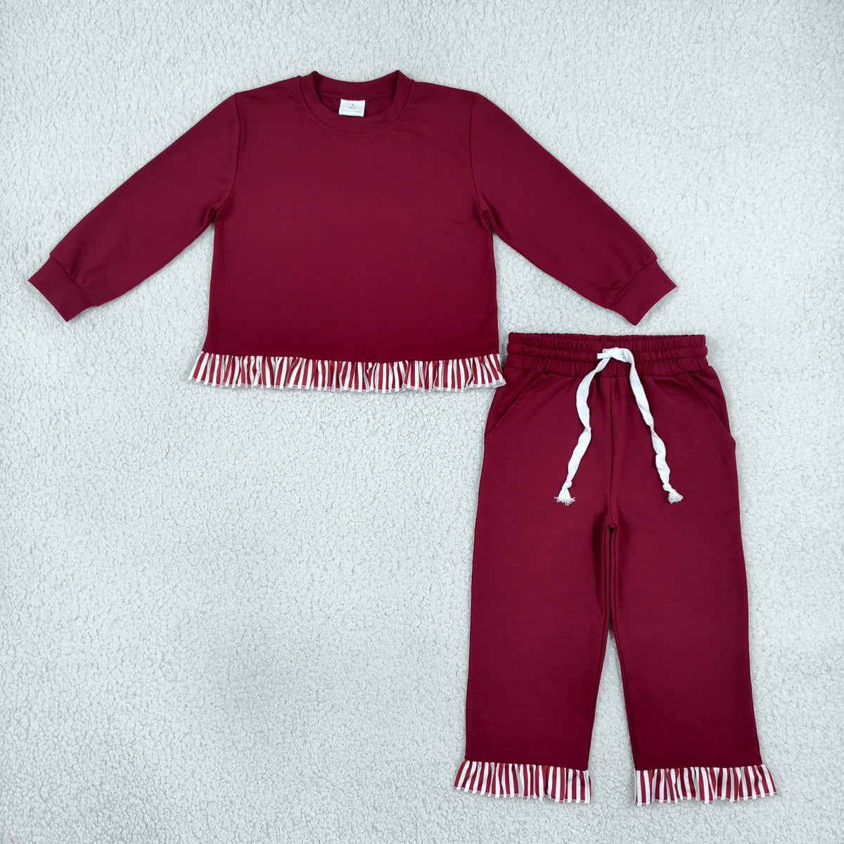 NO MOQ RTS GLP3829 Baby Girl Clothes Solid Burgundy Red Stripe Ruffle Trim Long Sleeve Top Pant Outfit Set 202610