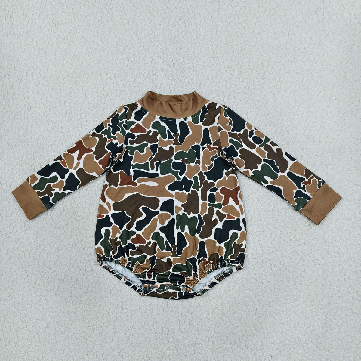 NO MOQ RTS LR3261 Baby Boy Clothes Green Brown Camo Print Long Sleeve Mock Neck Bubble Romper 202610