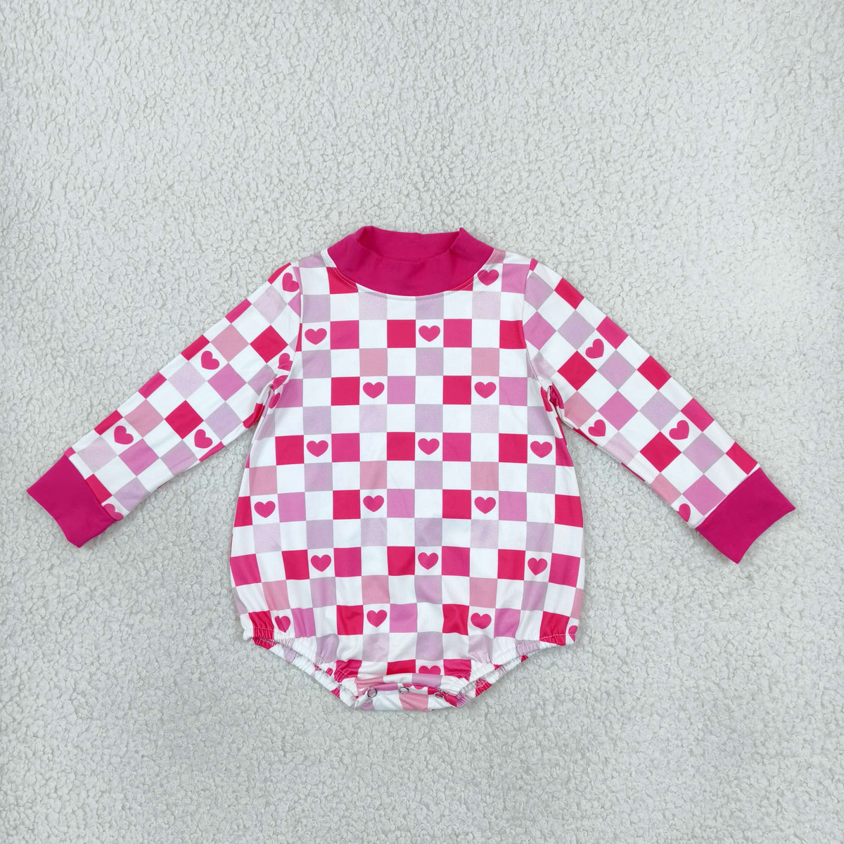 NO MOQ RTS LR3337 Baby Girl Clothes Pink Checker Heart Print Long Sleeve Bubble Romper 202610