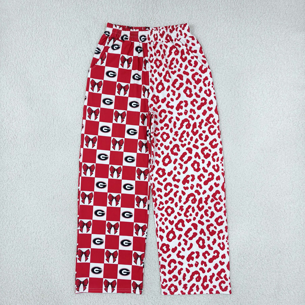 NO MOQ RTS P1118-women Clothes Red Checkered Bow And Leopard Mixed Print Elastic Waist Wide Leg Pants 202610
