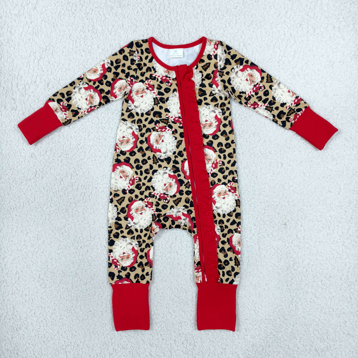 NO MOQ RTS LR3302 Baby Girl Clothes Leopard Santa Claus Print Long Sleeve Zipper Romper 202610