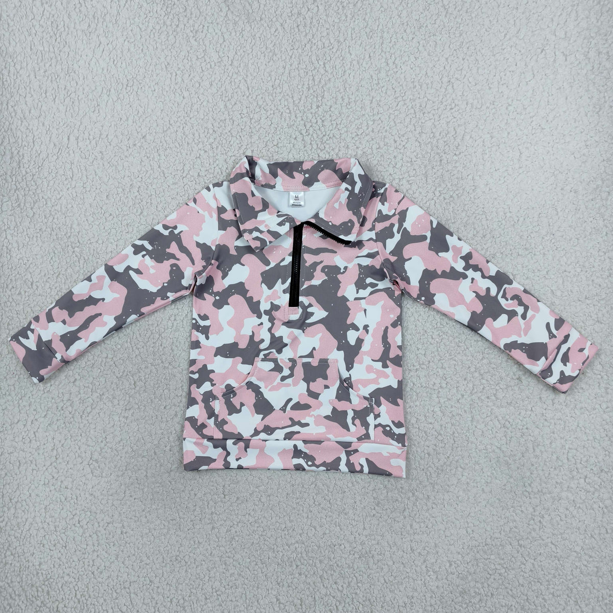 NO MOQ RTS GT1178-yoga Baby Girl Clothes Pink Grey Camo Print Half Zip Pocket Long Sleeve Pullover Top 202610