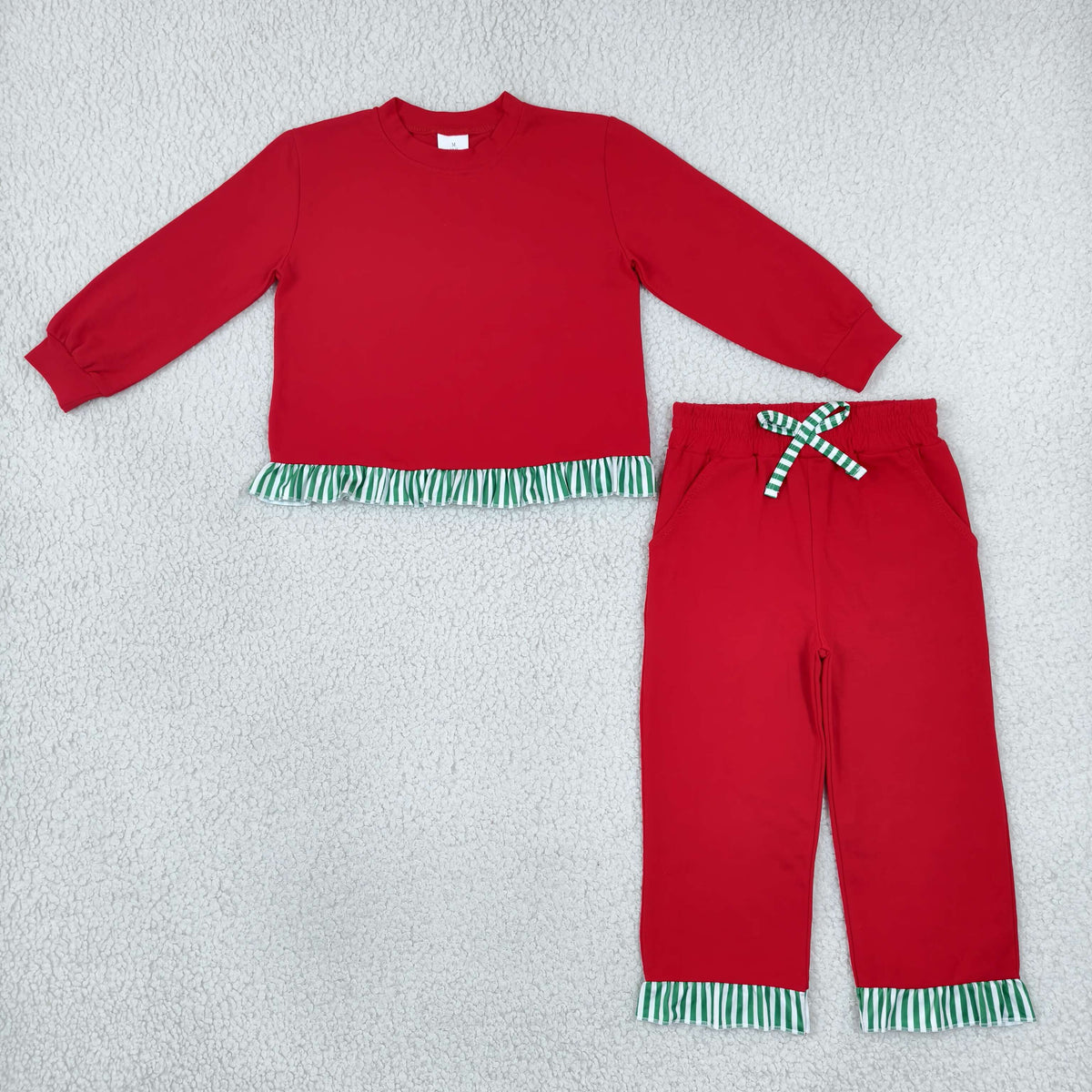 NO MOQ RTS GLP3916 Baby Girl Clothes Solid Red Green Stripe Ruffle Plain Long Sleeve Pant Outfit Set 202610