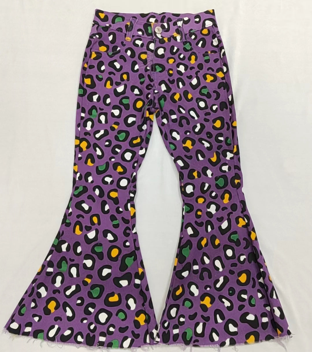 P0313 RTS western Mardi Gras leopard purple buttons zip up jeans girl kids denim jeans bell pants 202312