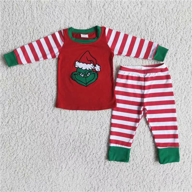 6 B5-18 grinch stripe outfit  RTS christmas  green long sleeve embroidery  pajamas girl outfit