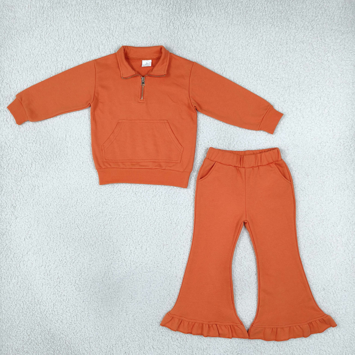 NO MOQ RTS GLP3490-bundle (2) Baby Girl Clothes Solid Orange Plain Long Sleeve Half Zip Top Ruffle Flare Pant Set 202610