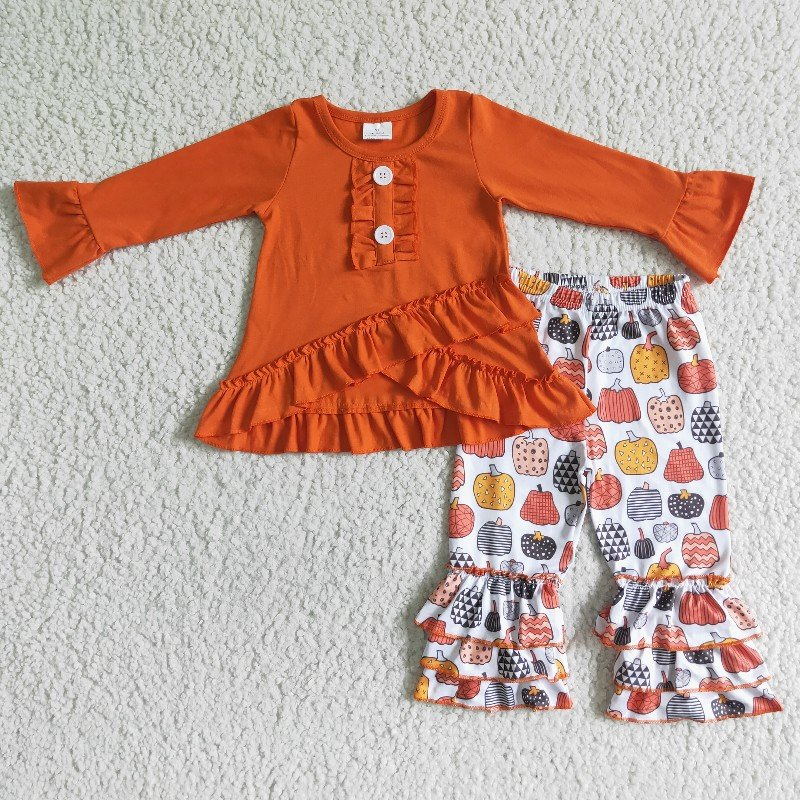 6 A13-28  pumpkin orange ruffles orange tunic long sleeve girl outfit 202507