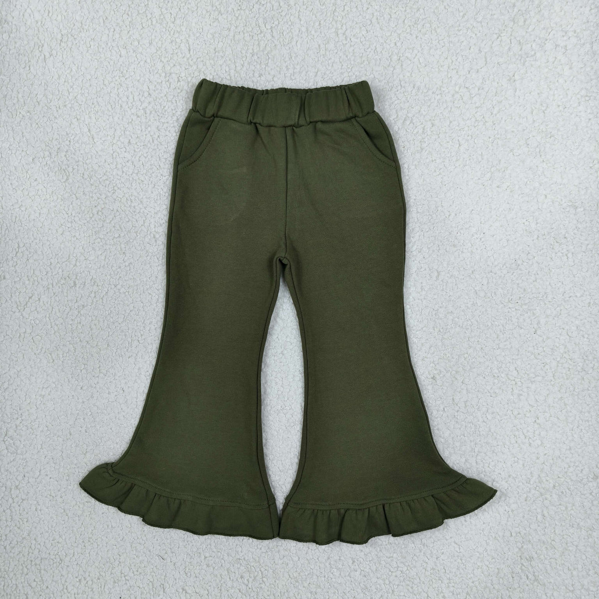 NO MOQ RTS P1075 Baby Girl Clothes Solid Olive Green Ruffle Hem Flare Pants 202610