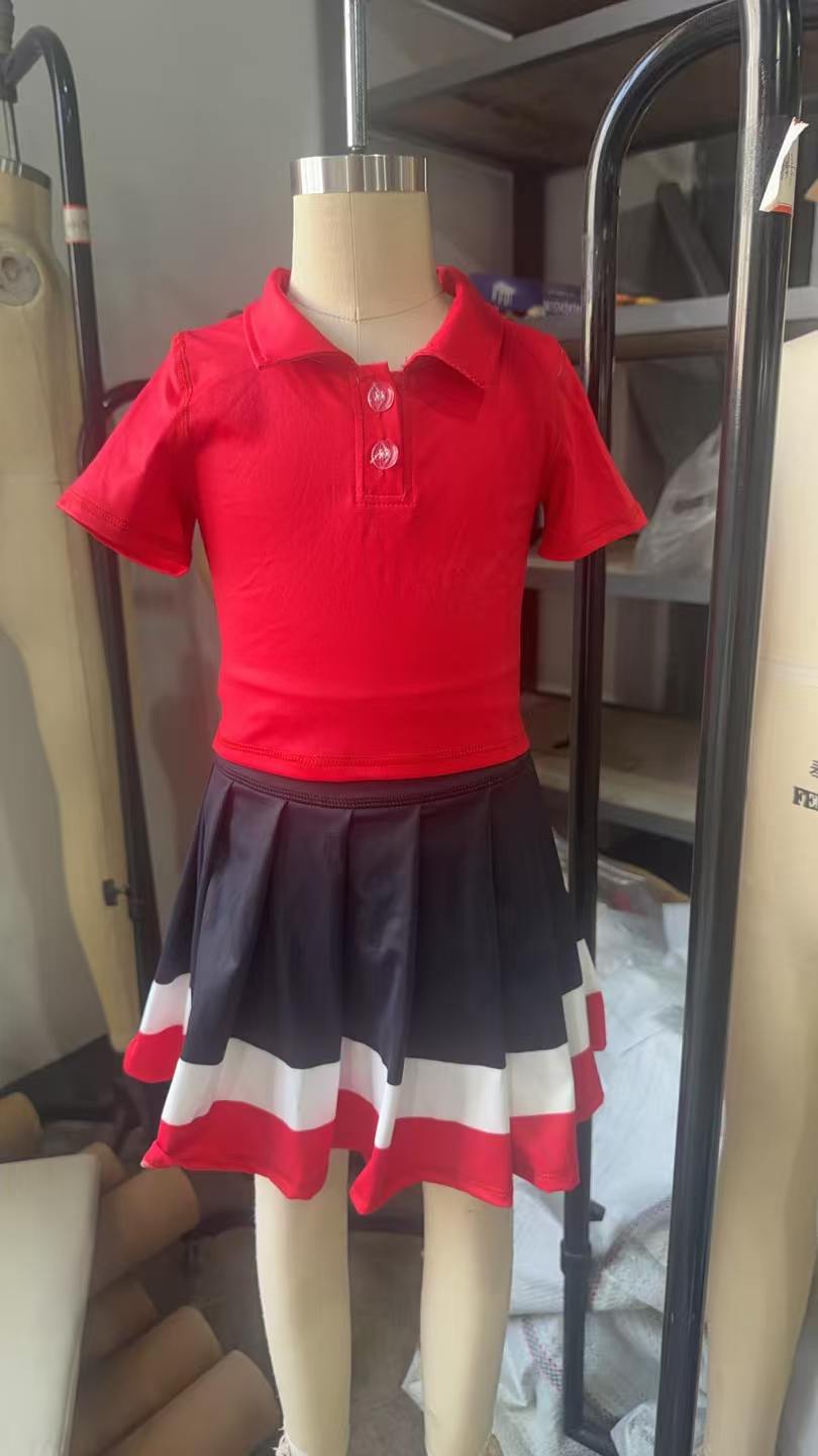 GSD4262 Red Black Skort Set  Yoga polo Little Girls Casual Preppy Matching Set red Polo Color Block Hem Tennis Skirt preorder