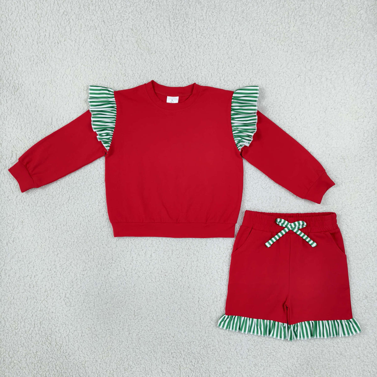 NO MOQ RTS GLS0217 Girl Clothes Solid Red Green Stripe Ruffle Plain Print Long Sleeve Top Shorts Set 202610