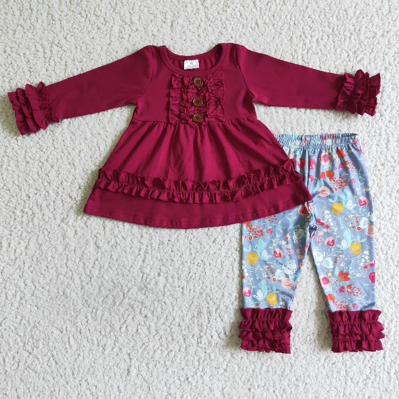 promotion 6 A26-16 girl letters stars ruffles red raglan long sleeve bell bottom outfit RTS