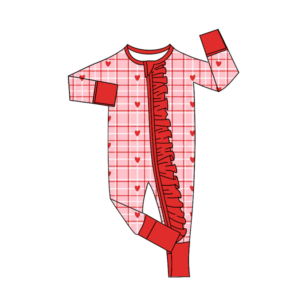 Preorder (moq 5) Baby Girl Clothes Valentine Plaid Red Heart Print Long Sleeve Ruffle Zipper Romper