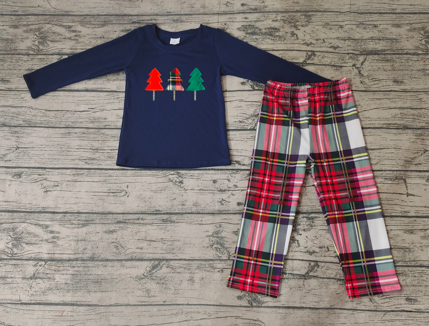 BLP0352 boy christmas tree embroidery navy plaid long sleeve pant boy outfit 20231023 RTS