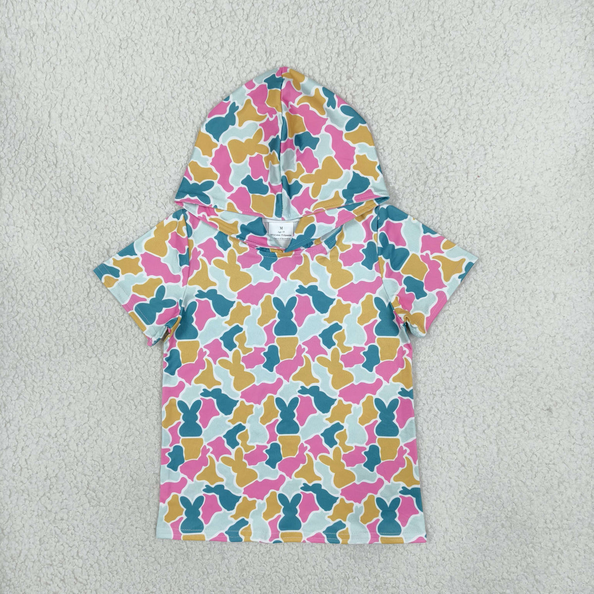 NO MOQ RTS GT1919 Baby Girl Clothes Easter Bunny Silhouette Camo Print Short Sleeve Hooded Tee 202610