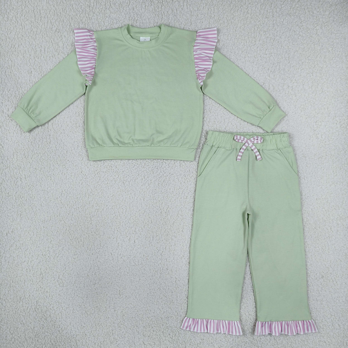 NO MOQ RTS GLP3700-bundle  Baby Girl Clothes Solid Light Green Pink Stripe Ruffle Long Sleeve Top Pant Set 202610