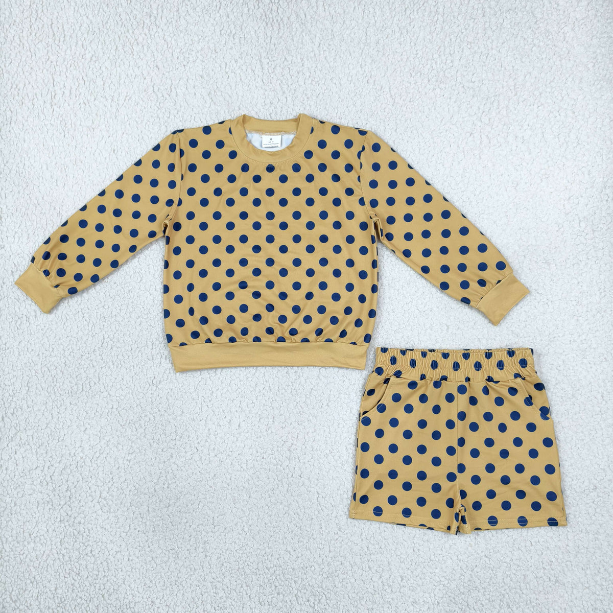 NO MOQ RTS GLS0205 Baby Clothes Yellow Navy Polka Dot Print Long Sleeve Short Set 202610