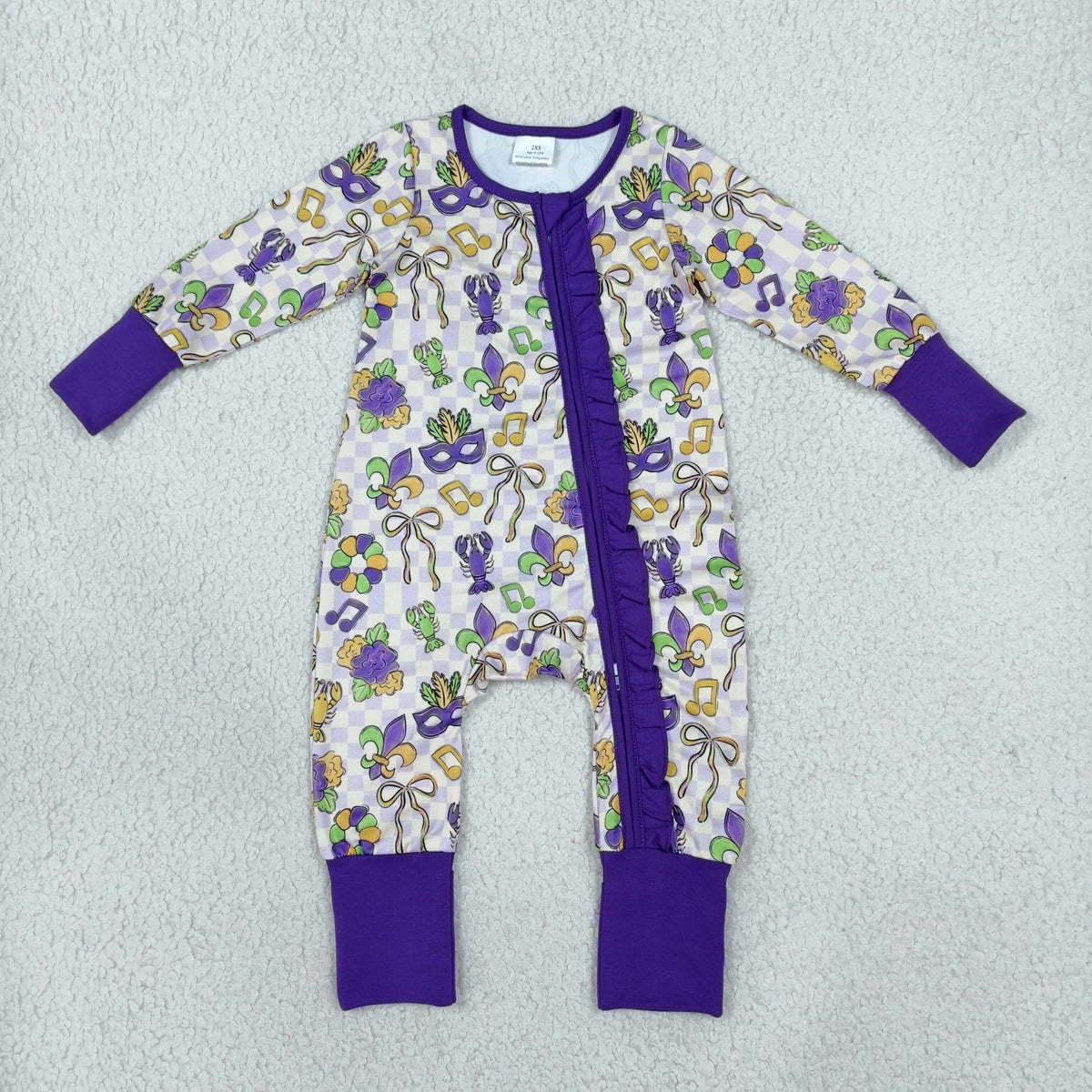 NO MOQ RTS LR3335 Baby Girl Clothes Mardi Gras Crawfish Mask Checker Print Long Sleeve Zipper Ruffle Romper 202610
