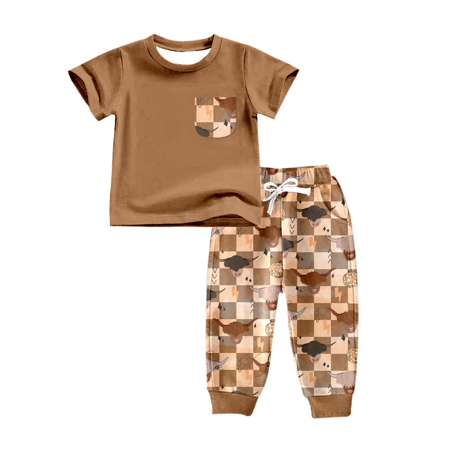 BSPO0151 preorder western cow short sleeve brown pants girl outfit 20230703