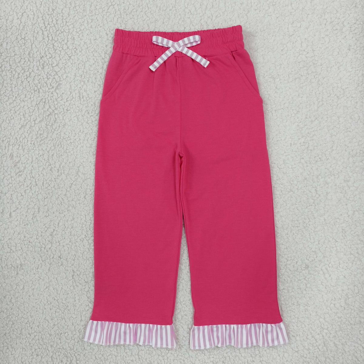 NO MOQ RTS P1157 Baby Girl Clothes Hot Pink Solid Stripe Ruffle Cuff Casual Pants 202610