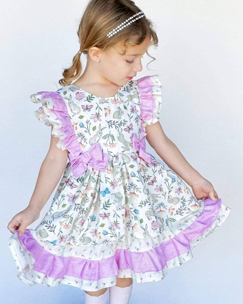 GSD0626 western flowers puffy short sleeve girl dress rabbit bunny Easter 202412 RTS