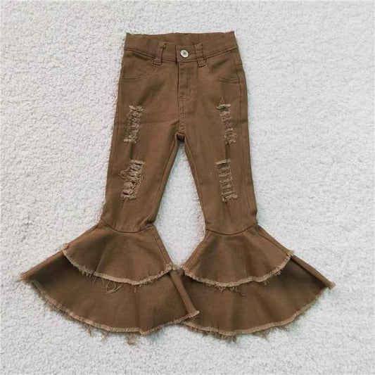 RTS NO MOQ C15-11- Girls double ruffle brown denim pants