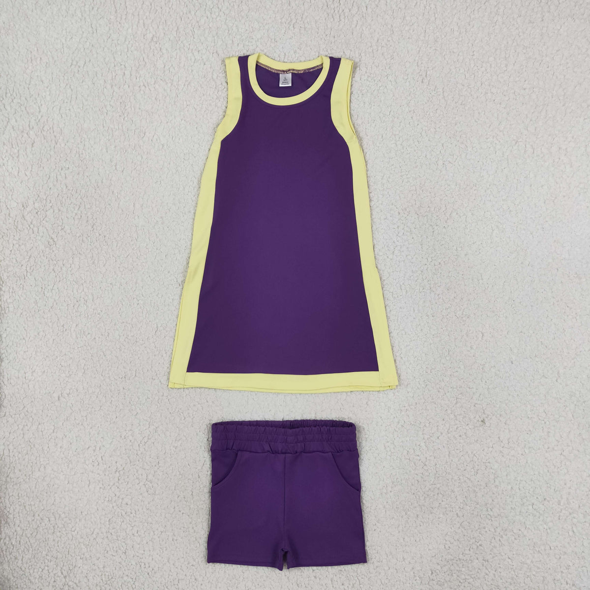 NO MOQ RTS GSSO3849(1)-yoga-bundle Baby Girl Clothes Purple Yellow Color Block Sleeveless Tank Dress And Shorts Set 202610