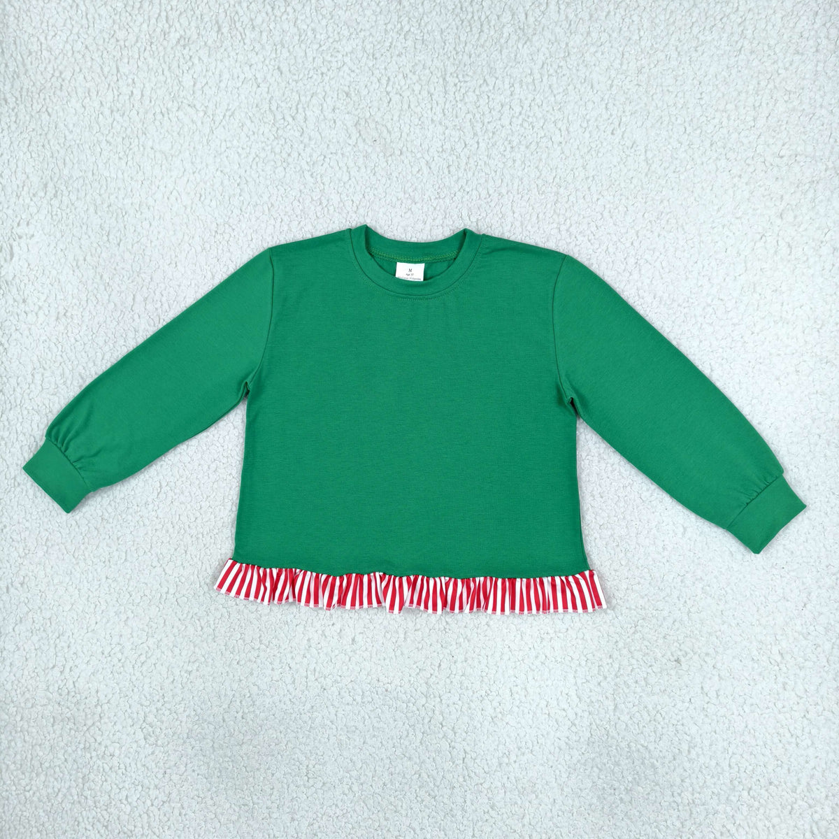 NO MOQ RTS GT1936 Baby Girl Clothes Solid Christmas Green Red White Stripe Ruffle Hem Long Sleeve Top 202610