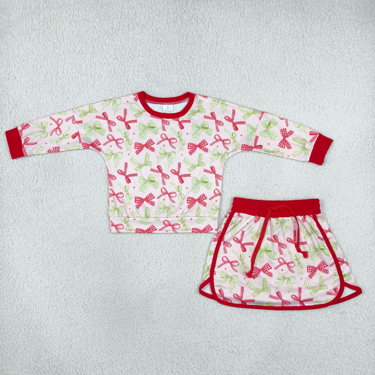 NO MOQ RTS GLD1774 Baby Girl Clothes Red Green Bow Mixed Print Long Sleeve Skort Set 202610
