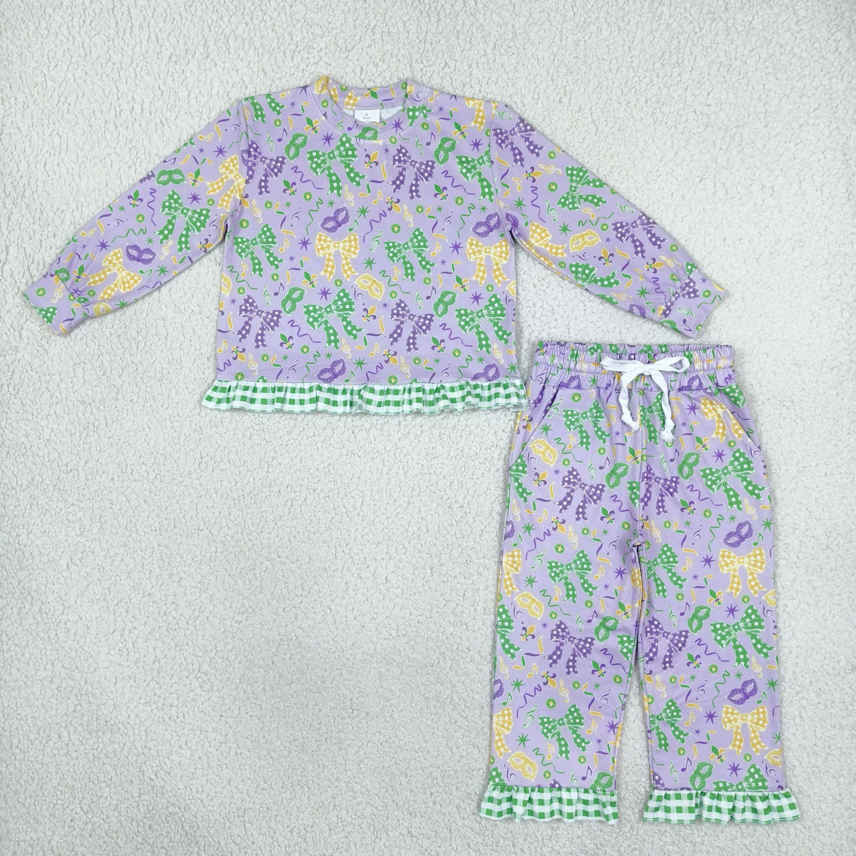 NO MOQ RTS GLP3680 Baby Girl Clothes Mardi Gras Bow Mask Mixed Print Long Sleeve Ruffle Pajama Set 202610