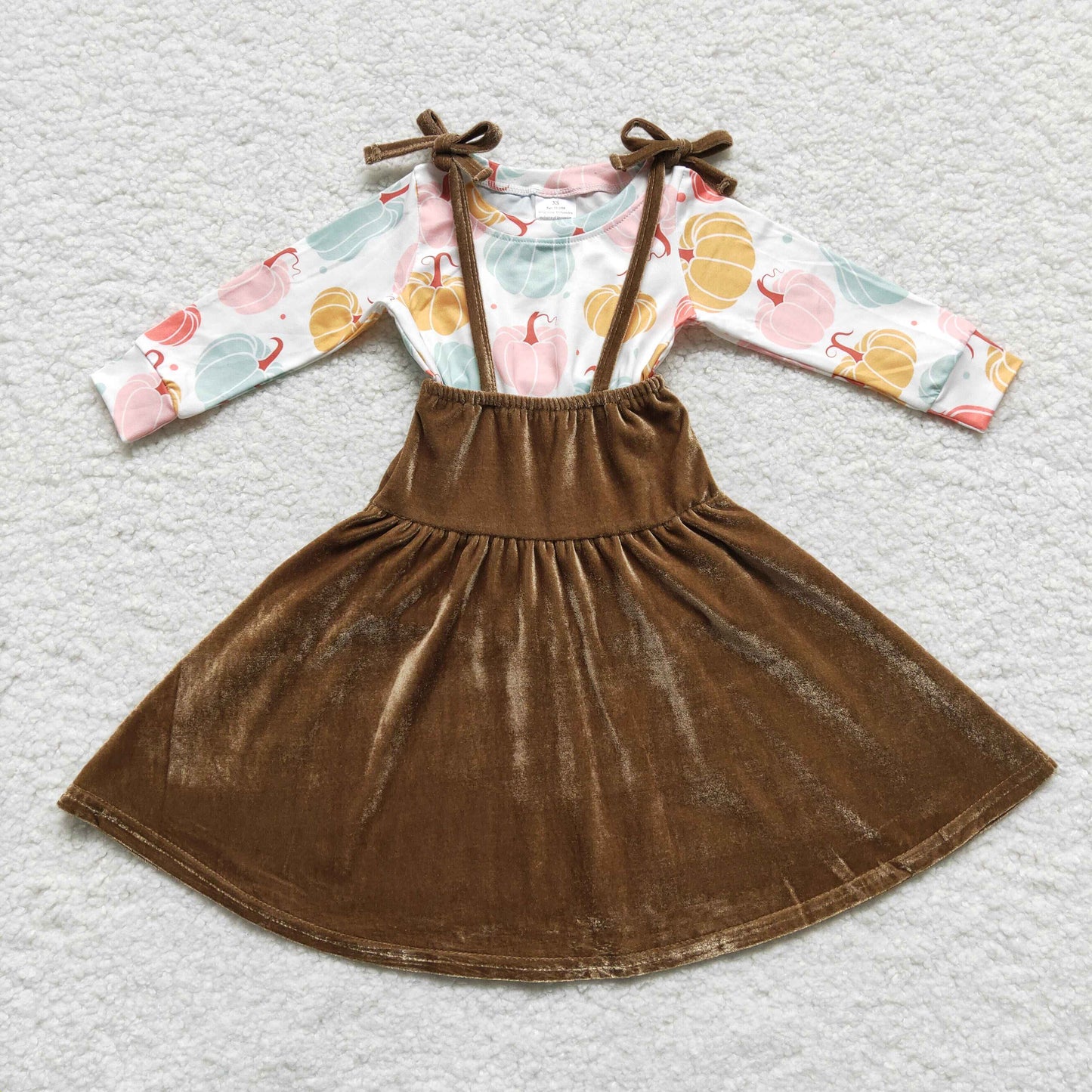 GLD0289(1) velvet brown flower top belt tie long sleeve girl jumpsuit overall girl outfit T 20230822 RTS