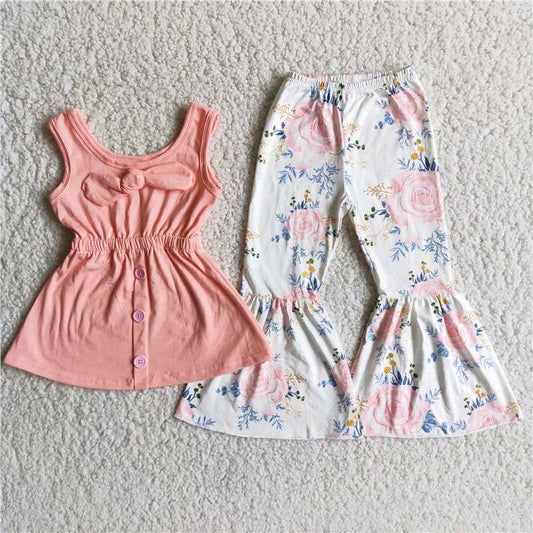 promotion  D8-15 vest 0802 RTS shoulder straps top pink bow tunic floral sleeveless bell bottom pants outfits