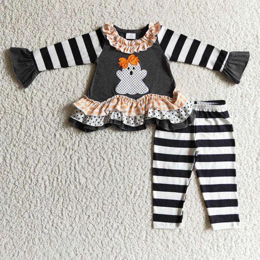 halloween white head orange bow cartoon stripe flare ruffles long sleeve pants baby girl outfit 0923 GLP0180