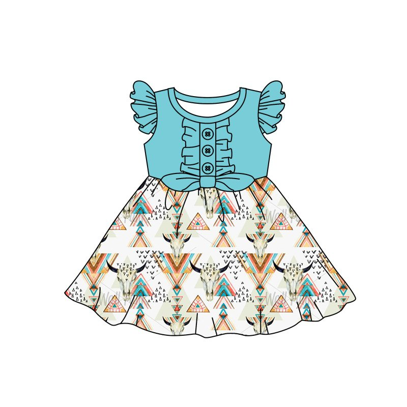 preorder blue cow lace up short sleeves chevron bell bottom girl dress 0518