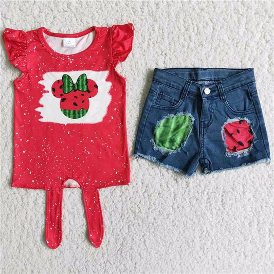 girl outfit crisscross cartoon bow mouse red denim shorts set