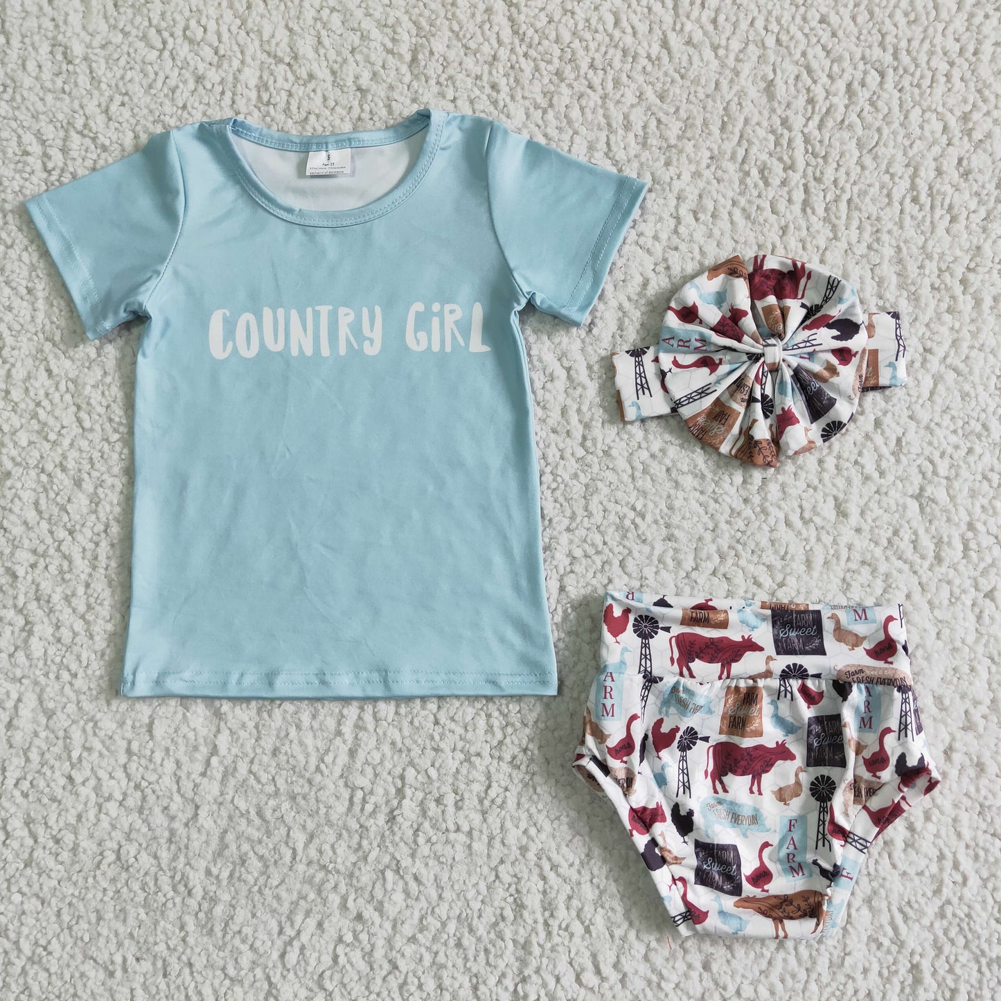 promotionteal blue top country girl cow farm animal print summer girl bummie set headband 3pcs outfits 0328