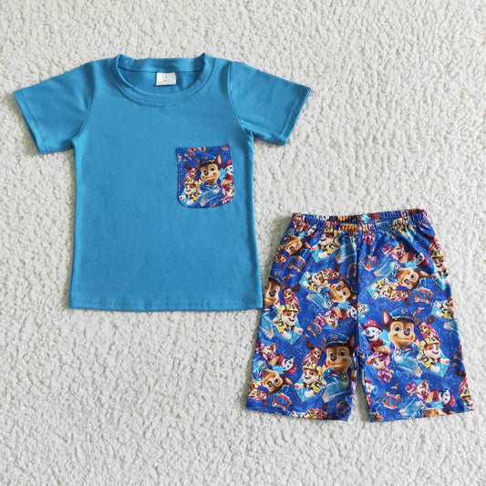 RTS blue short sleeve cartoon dog team print shorts boy outfits 0518