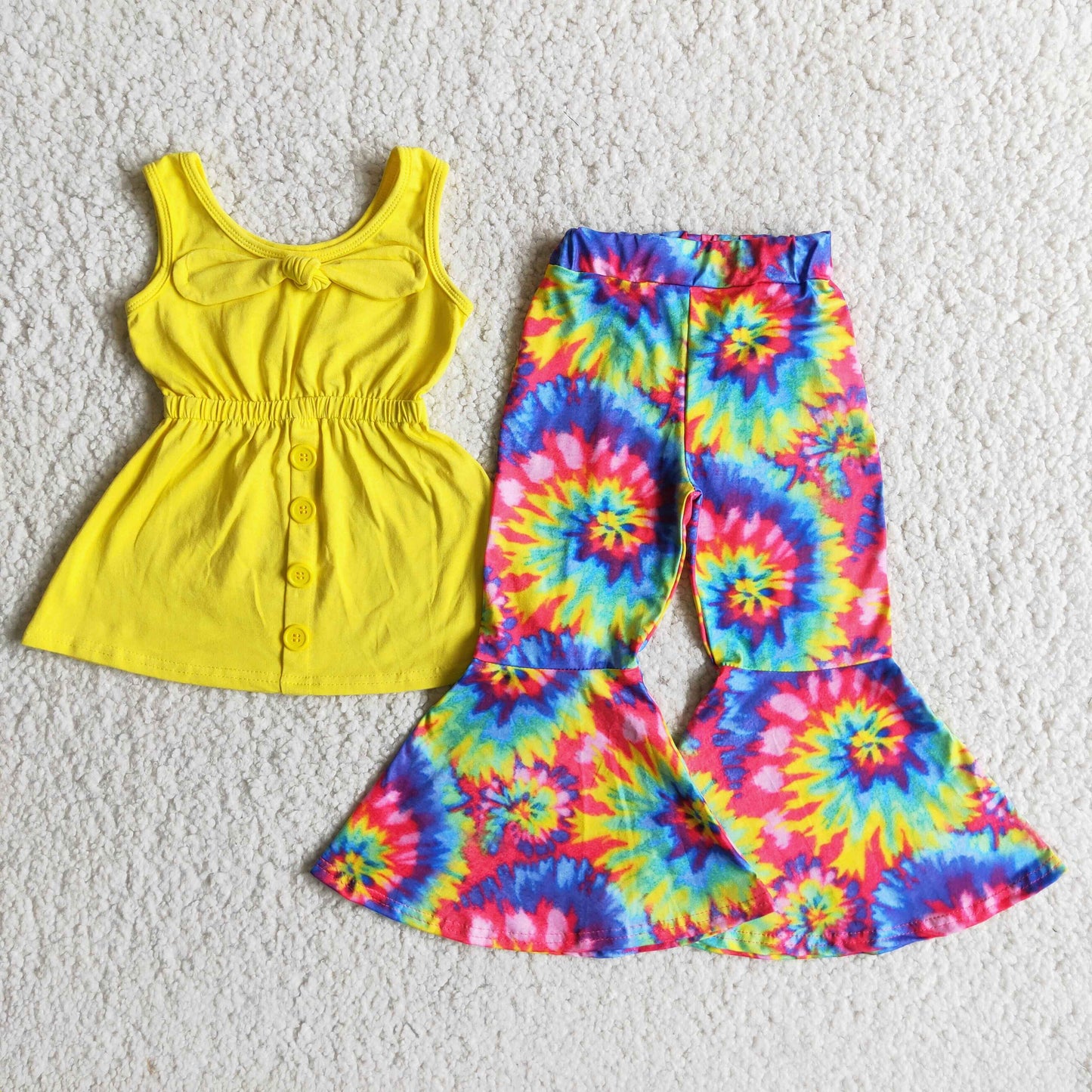 promotion A17-24 vest RTS shoulder straps top yellow bow tunic tie-dyed sleeveless bell bottom pants girl outfit 20230628 RTS