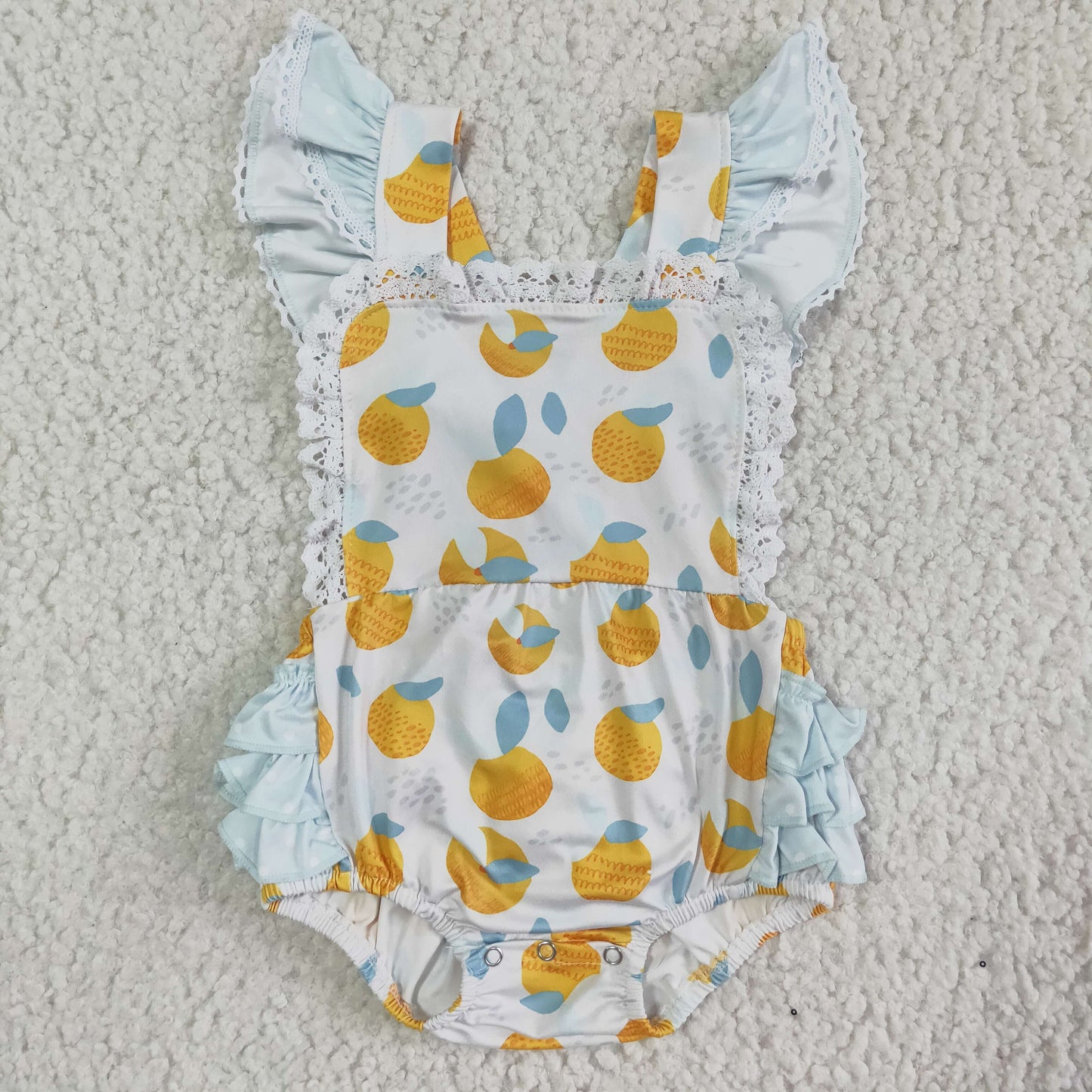 RTS yellow lemon lime orange fruit Begonia print ruffle girl sling pink romper 0611