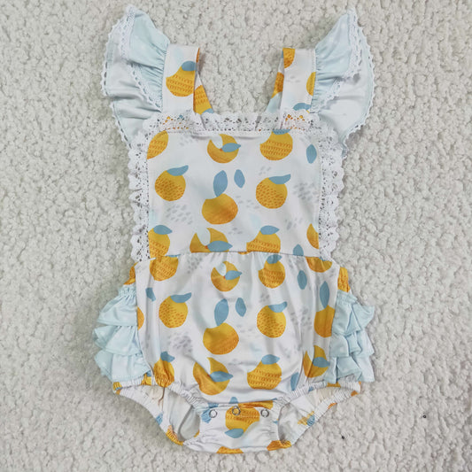 RTS yellow lemon lime orange fruit Begonia print ruffle girl sling pink romper 0611