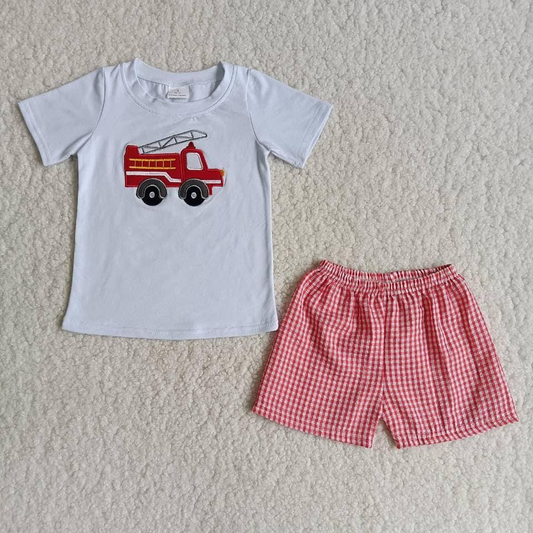 RTS boy truck fire ladder embroidery white top pink plaid boy shorts outfits 0707 RTS