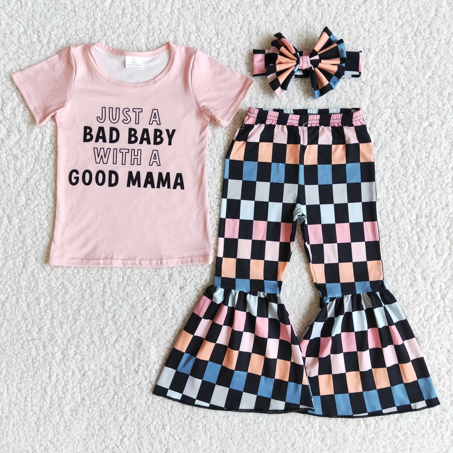 promotion just baby with mama letters plaid pink girl short sleeve bell bottom bow headband 3pcs outfit