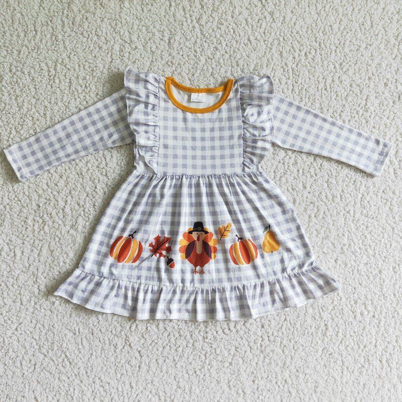 RTS halloween long sleeve  orange pumpkin plaid  girl dress 0824