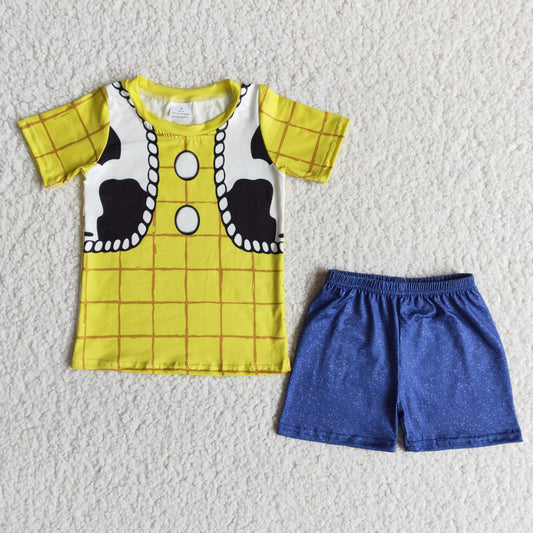 yellow cow plaid blue boy short sleeve shorts