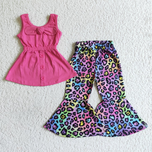 Promotion vest 0802 RTS shoulder straps top hotpink bow tunic leopard print sleeveless bell bottom pants outfits