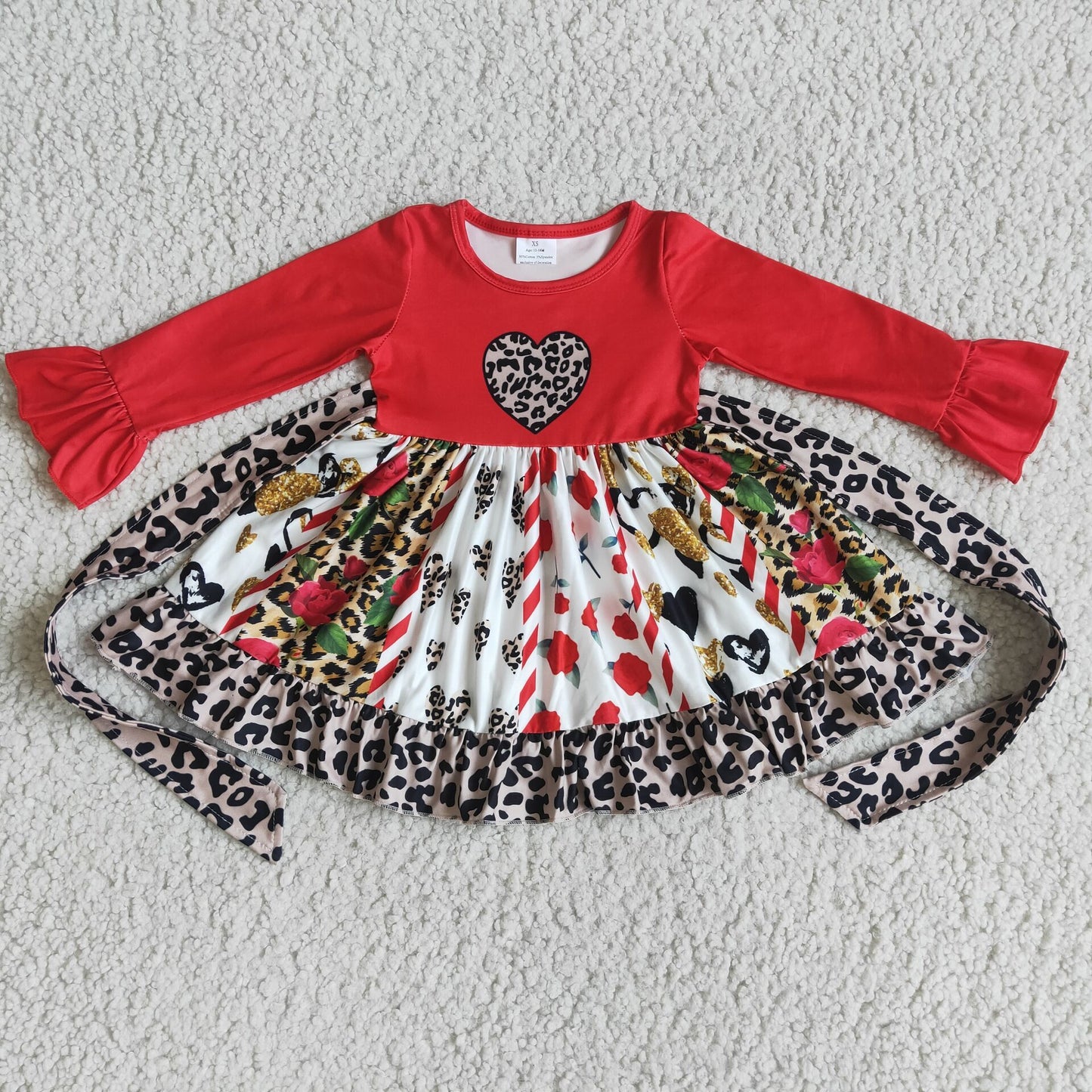 promotion valentine leopard print love red tunic belt patchwork long sleeve dress