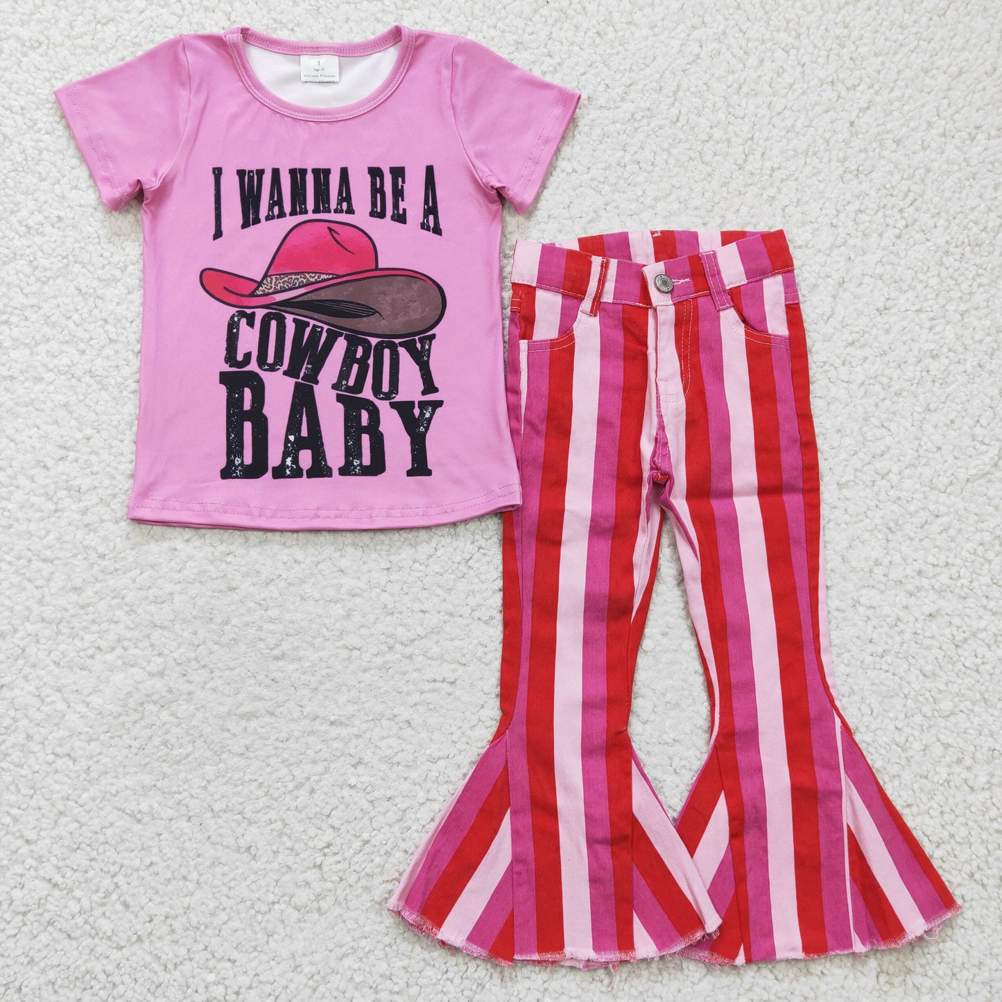 组合GSPO0398 cow boy hat baby t-shirt short sleeve pink strip denim girl outfit 1224 RTS