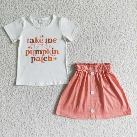 0619 RTS short sleeve orange pumpkin flower button pink skirt girl outfit hellloween